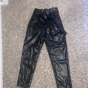 High waisted paper bag leather pants